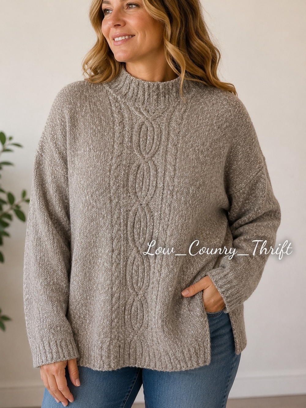 J. Jill Women's 2X Oatmeal Mock Neck Cable Knit Sweater Split Hem